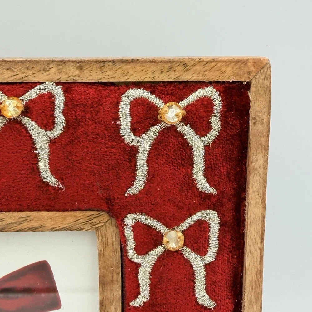 Handcrafted Red Velvet Beaded Bow Picture Frame Wood Coquette Romantic Decor 4x6